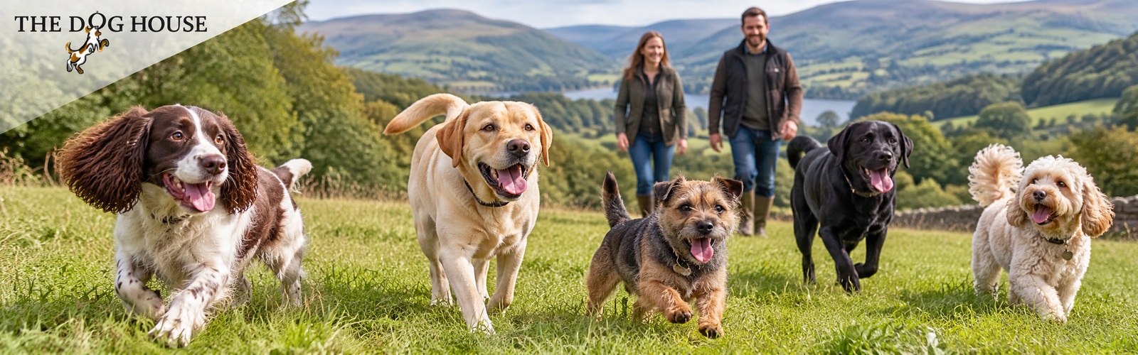 Dogs enjoying the Welsh countryside with The Dog House branding