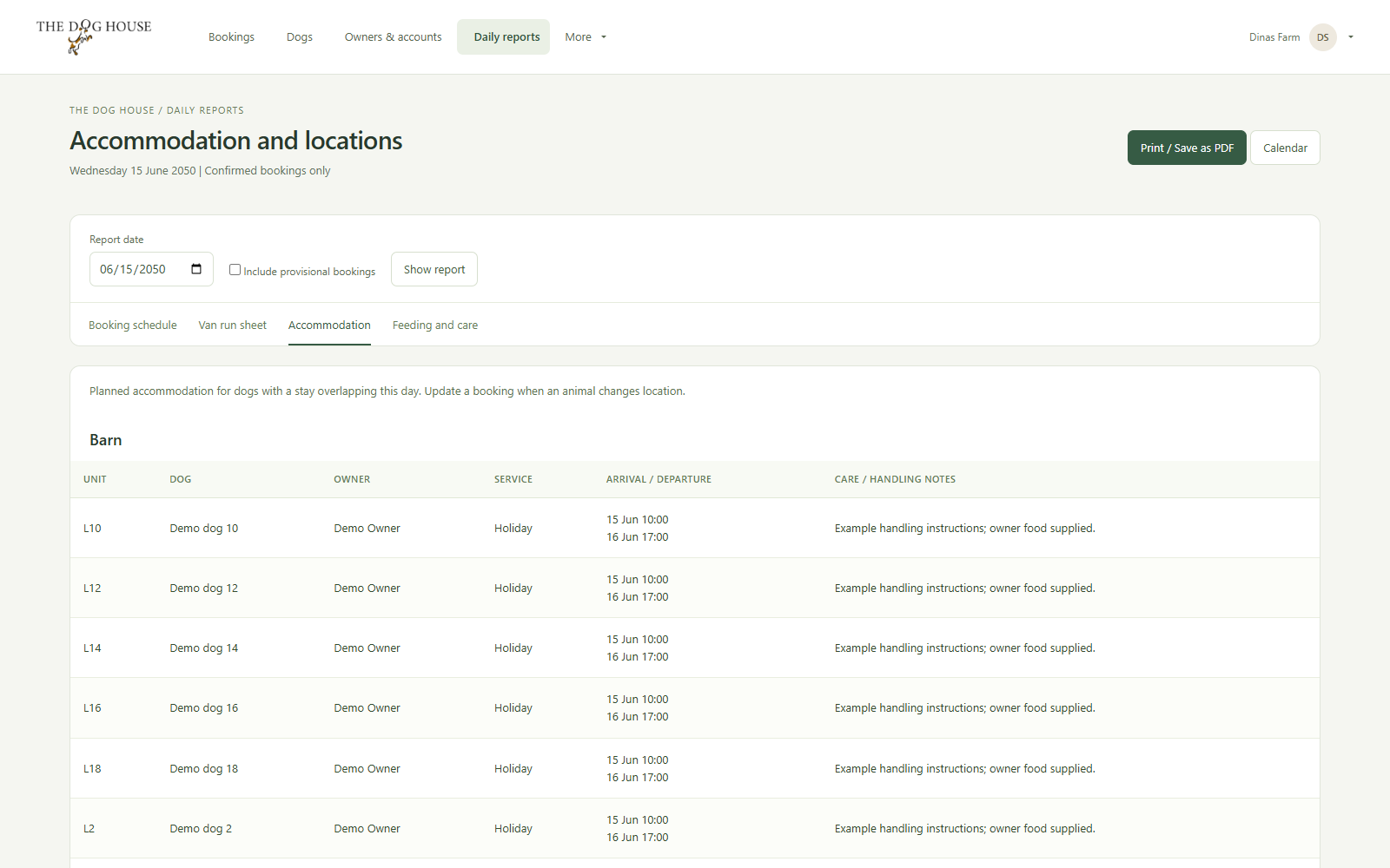 Accommodation report with demonstration records