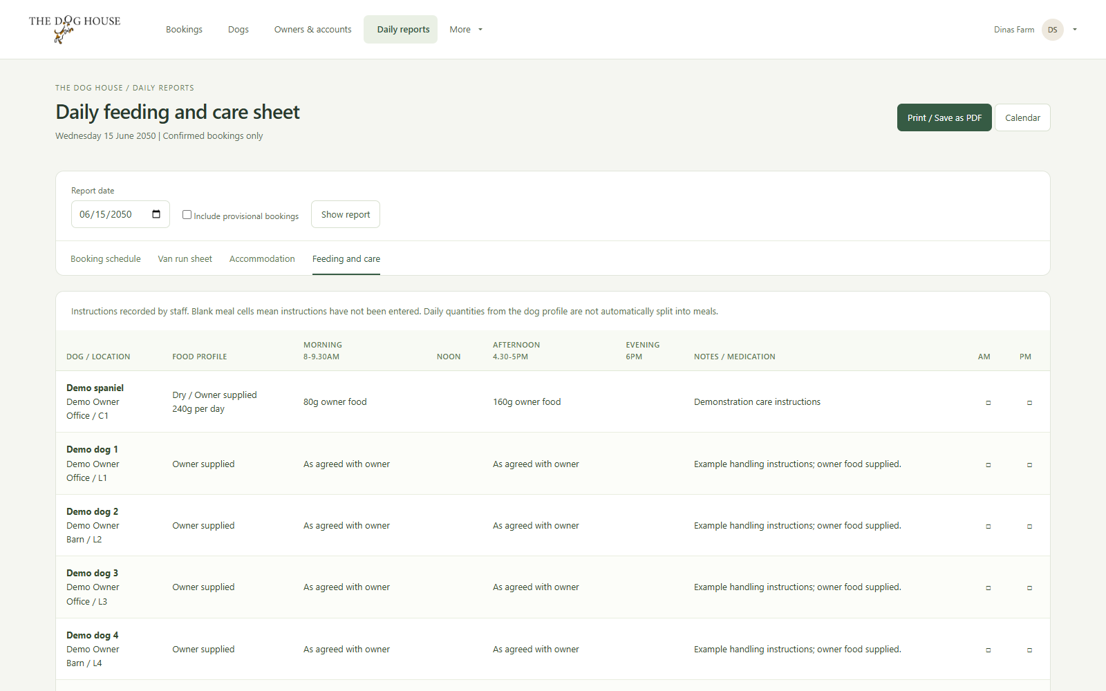 Feeding and care sheet with demonstration records