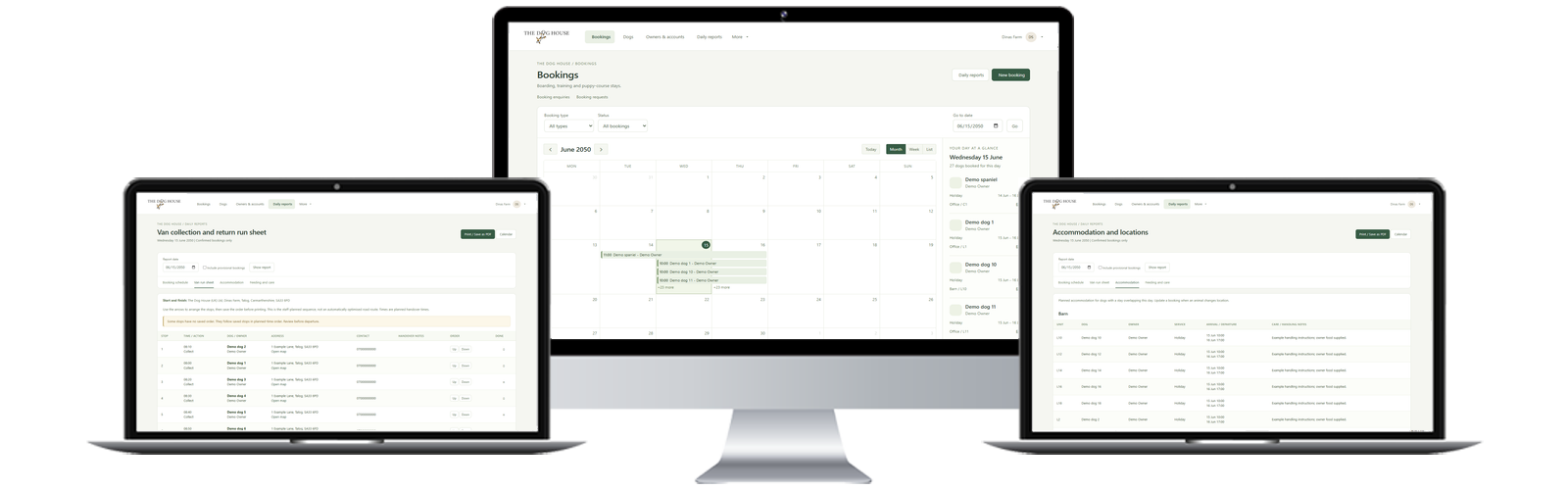 The Dog House booking calendar, van run sheet and accommodation report using demonstration data