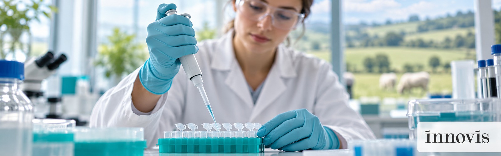 Illustrative agricultural genetics laboratory with Innovis branding