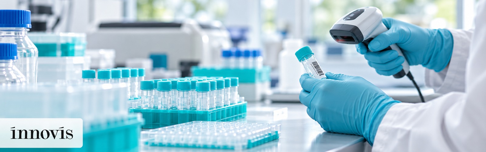 Illustrative genetics laboratory sample-processing workbench with Innovis branding