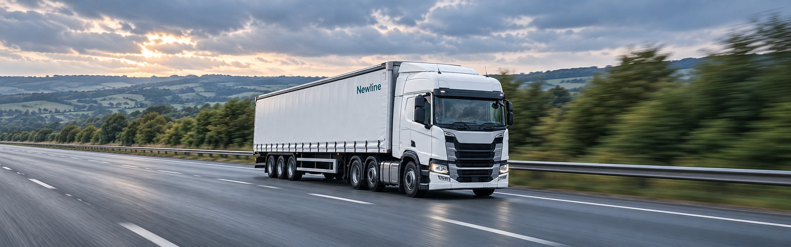 Newline truck travelling along a motorway with motion-blurred scenery