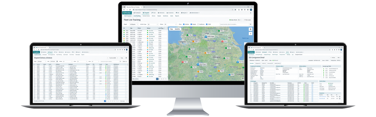 Newline fleet tracking application showing a live map, dispatch schedule and EDI records