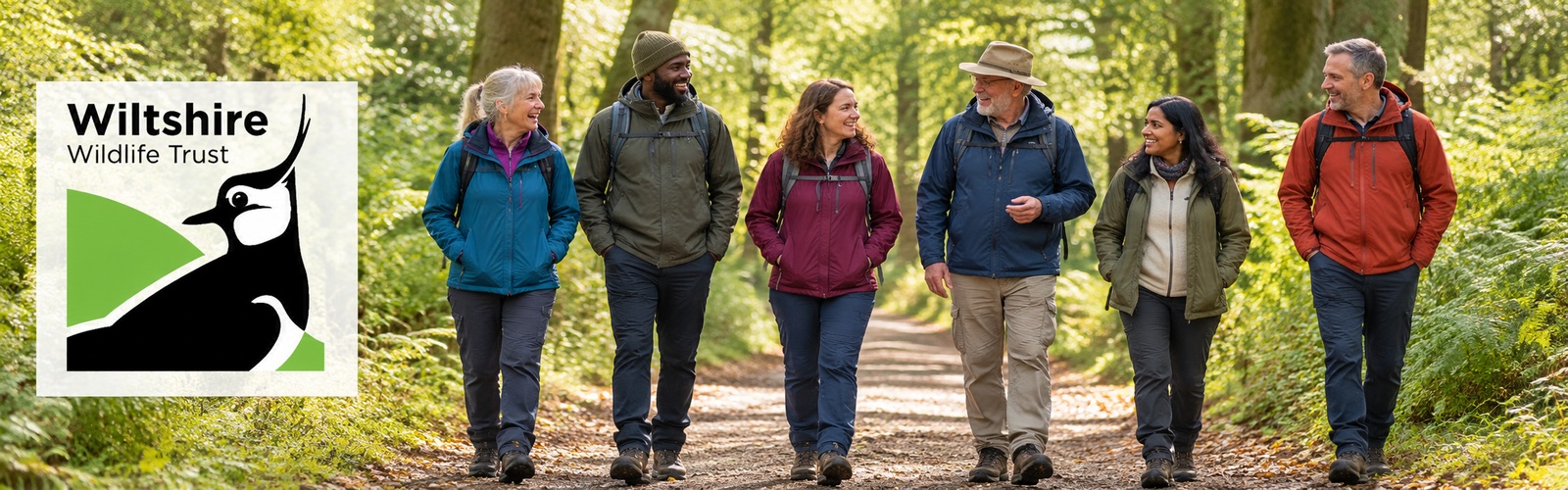 A group enjoying a woodland walk with Wiltshire Wildlife Trust branding